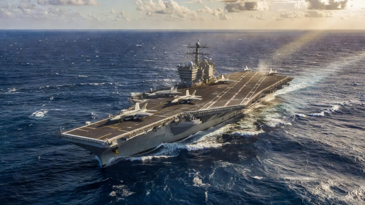 Vue aérienne d'un porte-avions en mer avec des avions de chasse sur le pont d'envol