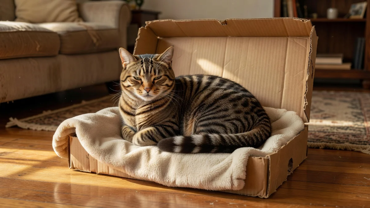 Chat confortablement installé dans un carton