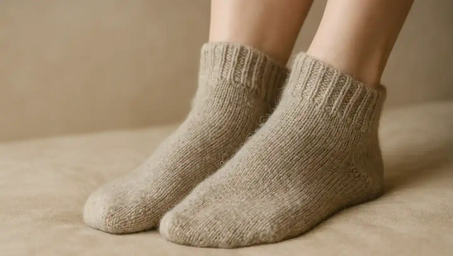 Pieds dans des chaussettes chaudes sur fond neutre