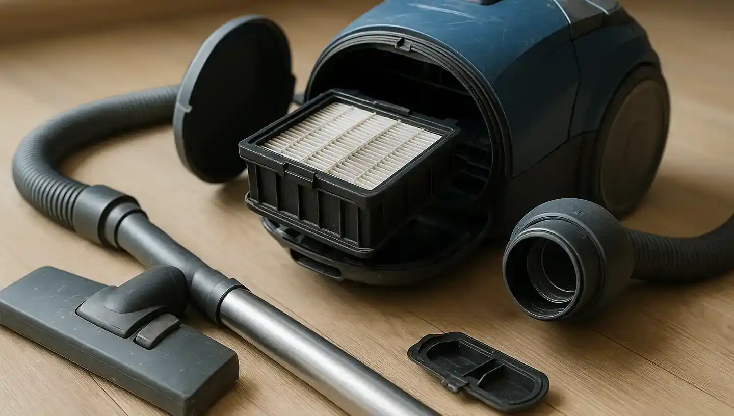 Aspirateur avec tuyau et filtre démontés pour diagnostic
