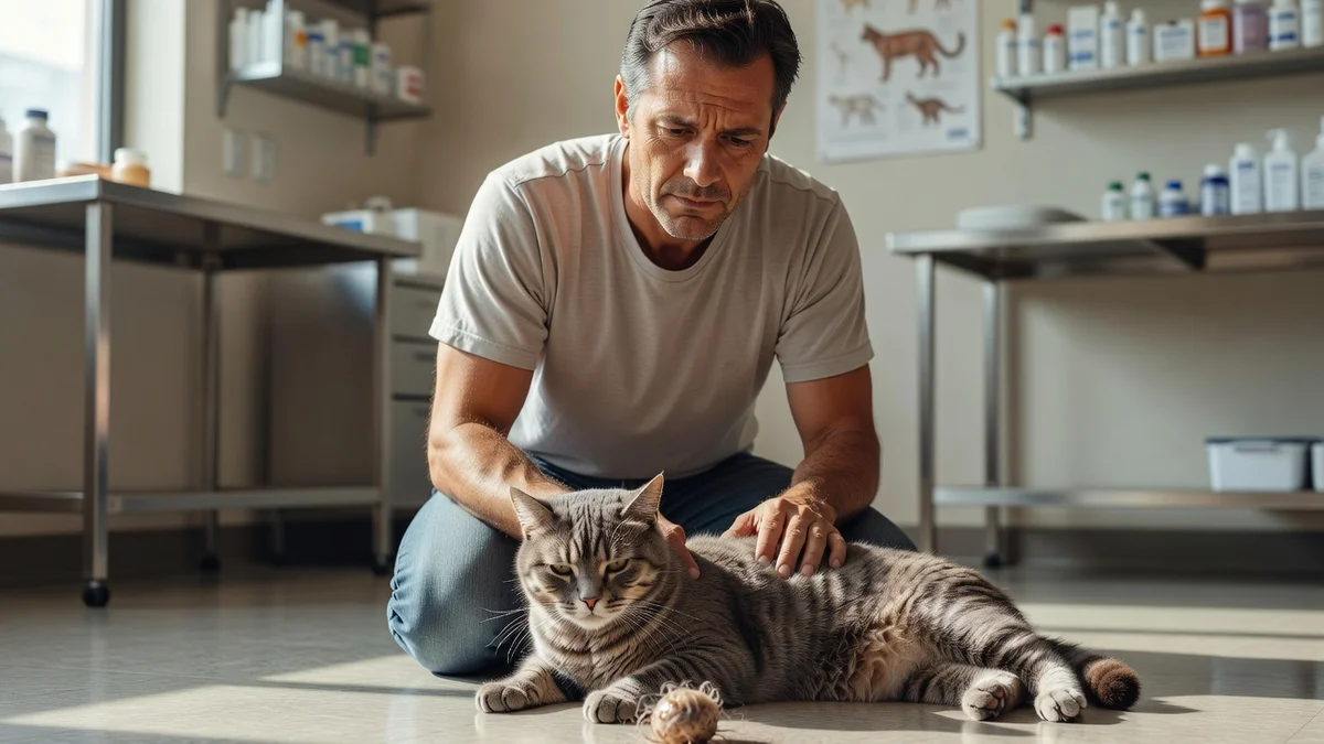 Chat à côté d'une gamelle, regard inquiet