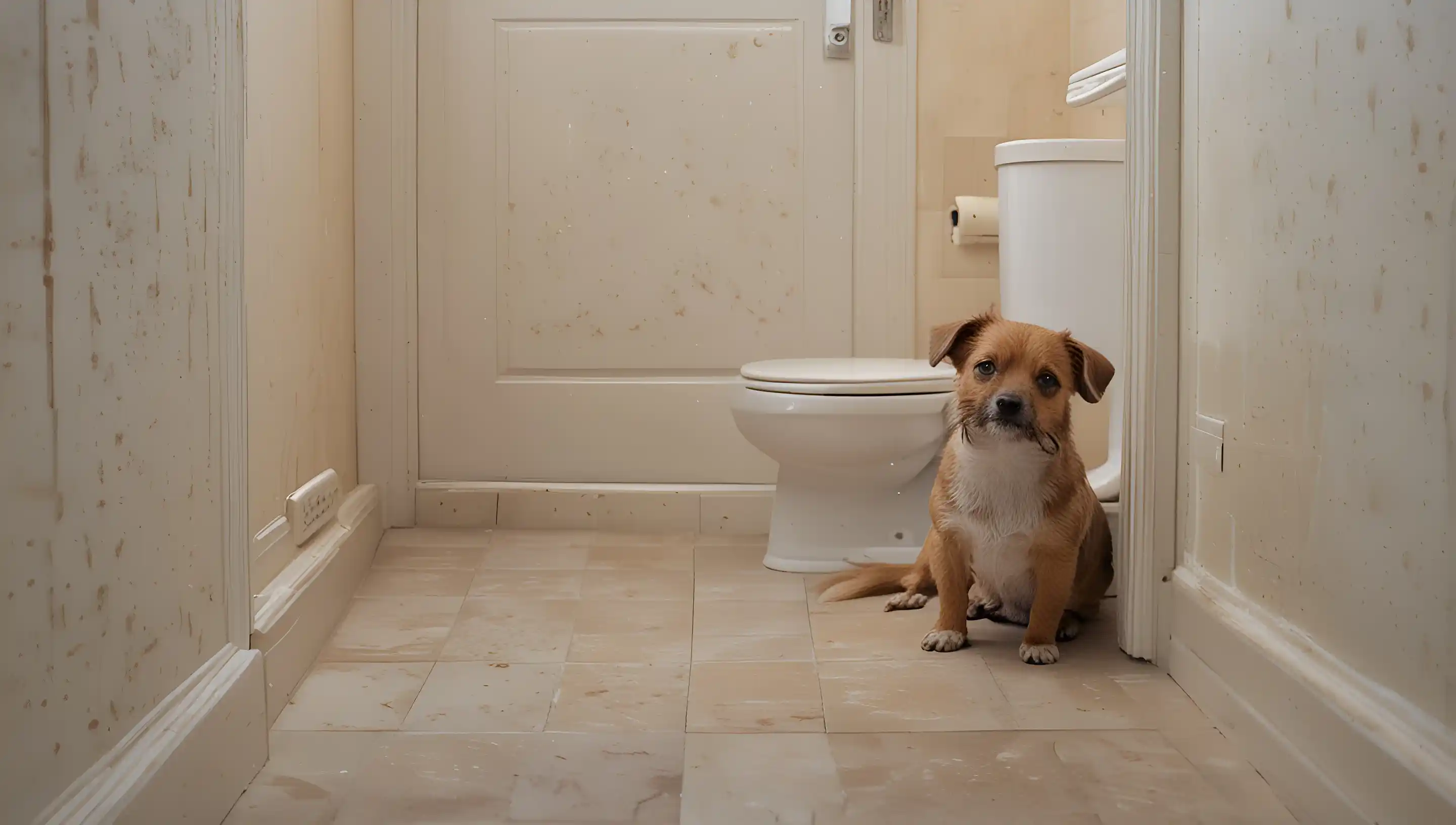 Chien qui suit son propriétaire dans la salle de bains