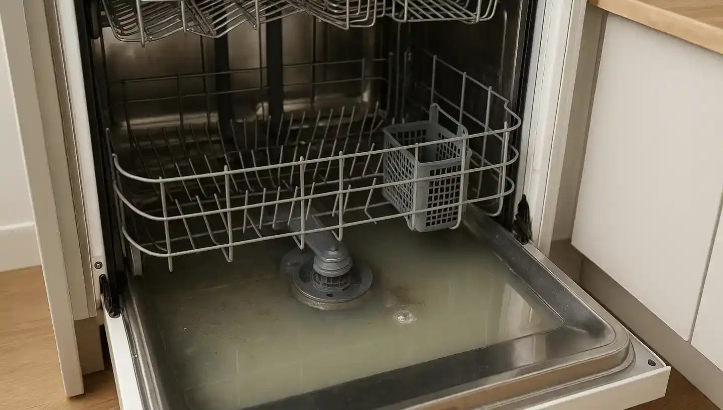 Intérieur d'un lave-vaisselle avec eau stagnante
