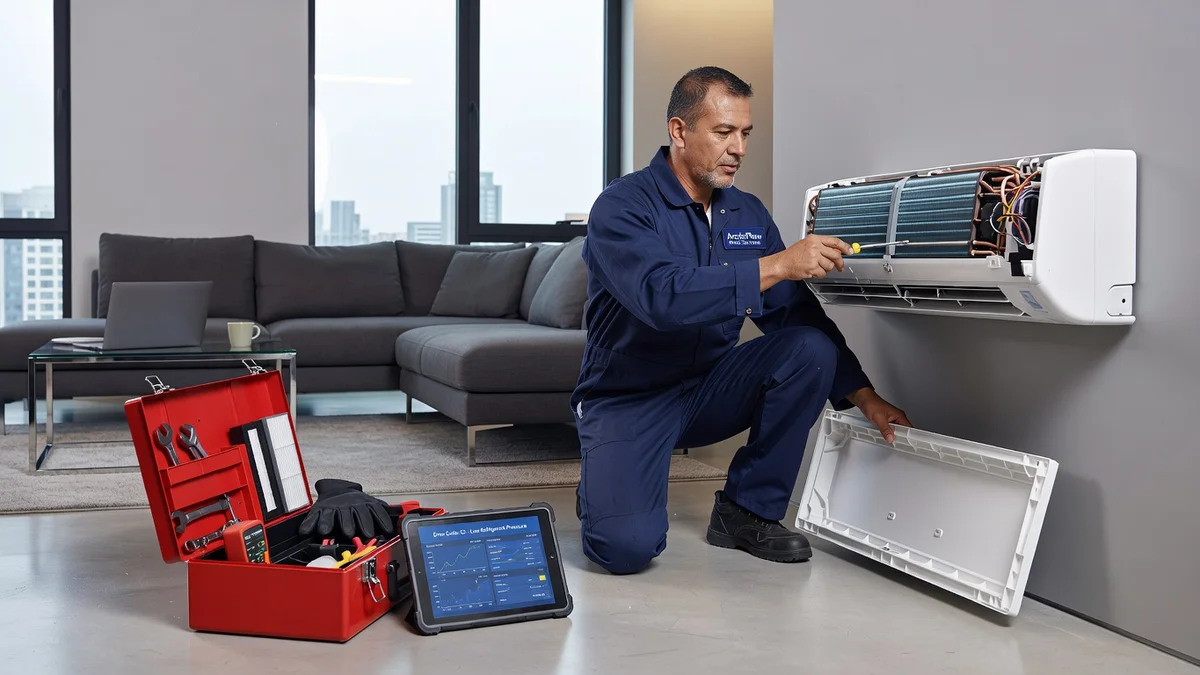 Un technicien inspecte une unité de climatisation