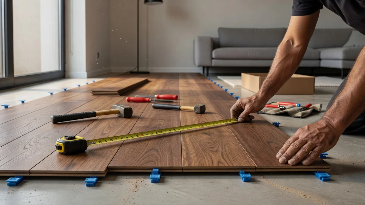 Pose de parquet flottant clipsé dans un salon lumineux