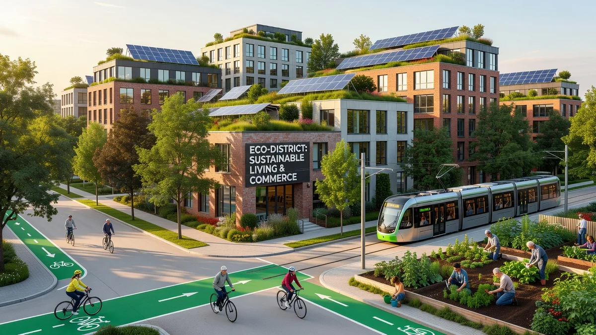 Vue aérienne d'un écoquartier avec espaces verts et constructions durables