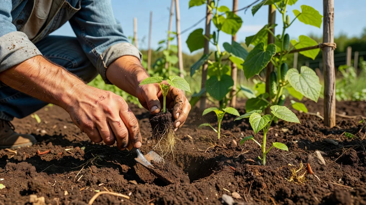 Plants de concombres prêts à être repiqués en pleine terre au jardin