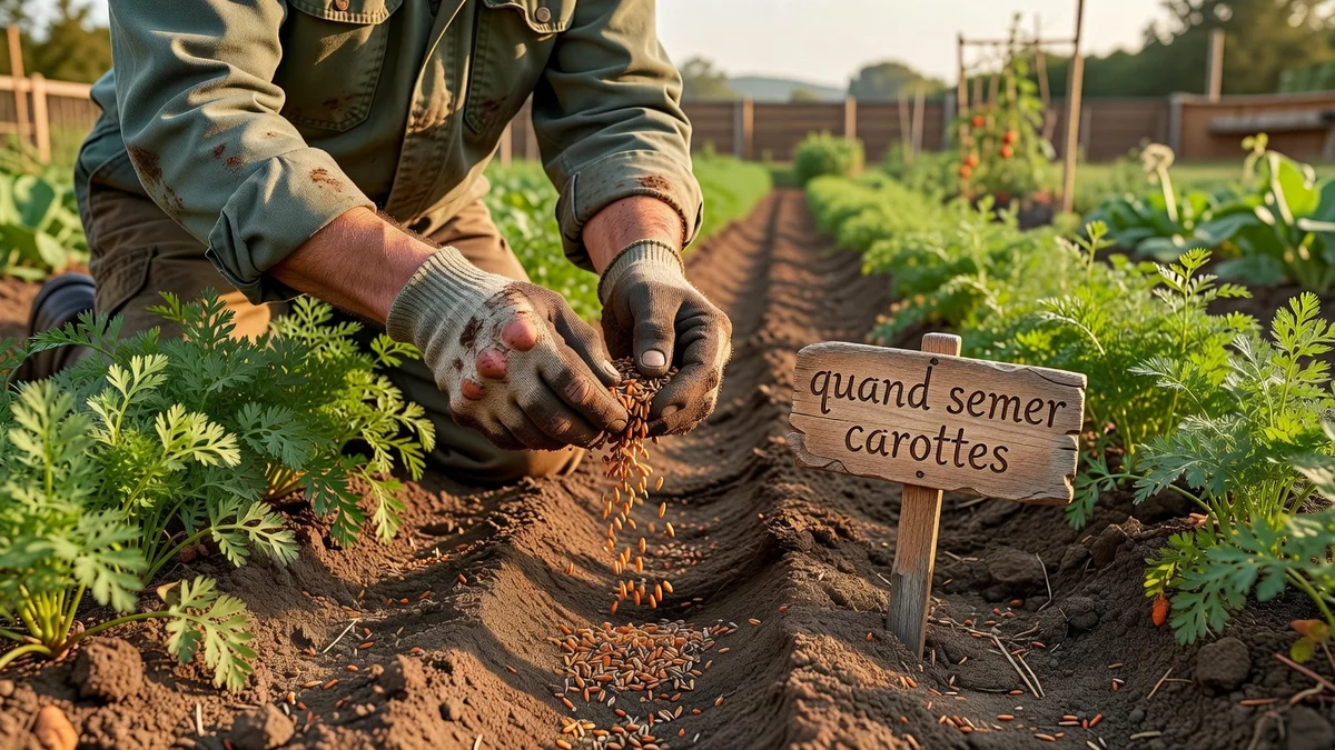 Semis de carottes sur un rang dans un potager préparé