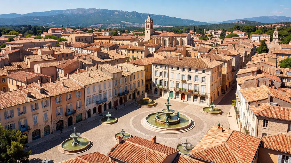 Vue aérienne d'Aix-en-Provence avec le Cours Mirabeau et ses fontaines emblématiques