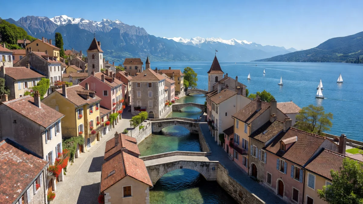 Vue du lac d'Annecy et du vieux centre-ville avec ses canaux, en Haute-Savoie
