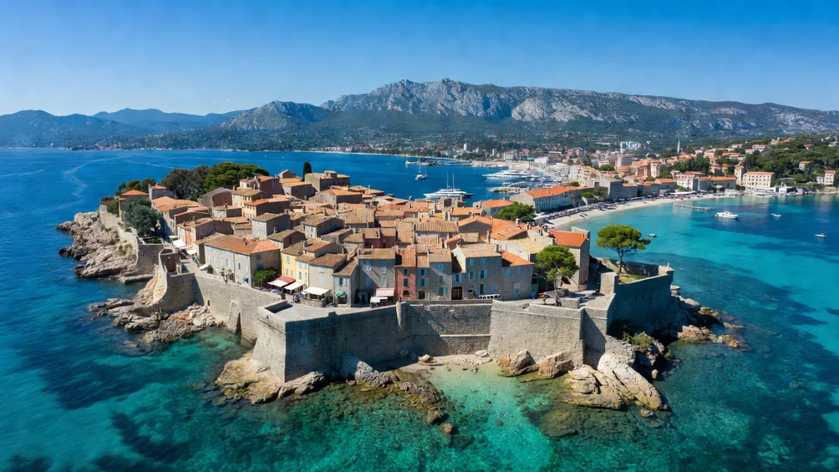 Vue sur la vieille ville d'Antibes et son littoral sur la Côte d'Azur