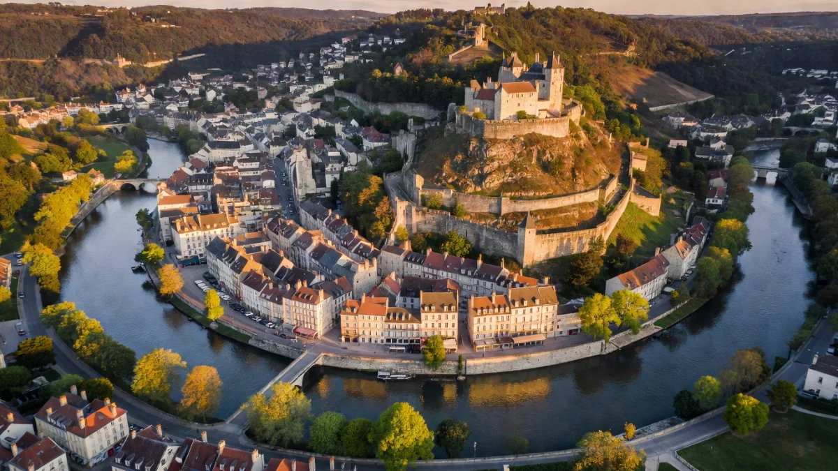 Vue aérienne de Besançon et la boucle du Doubs avec la Citadelle Vauban