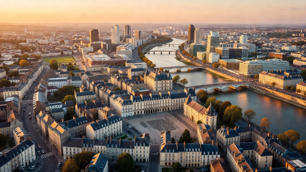 Vue aérienne de Nantes avec le château des Ducs de Bretagne et la Loire