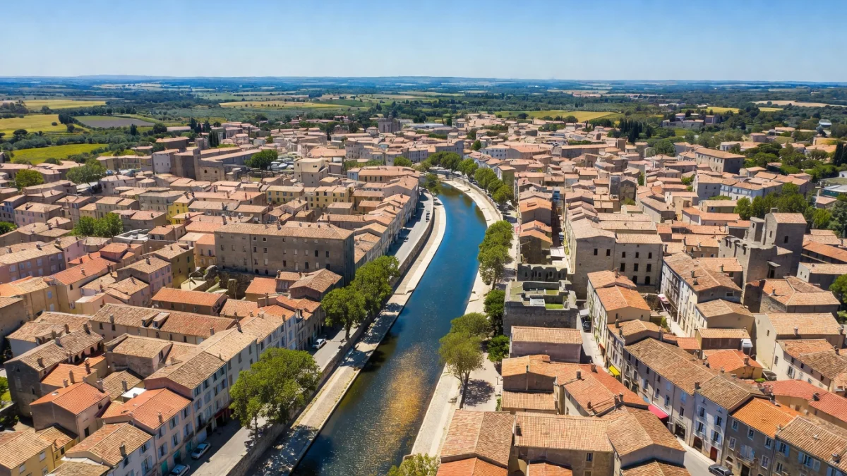 Vue aérienne de Narbonne, ville de l'Aude en Occitanie, avec le canal de la Robine