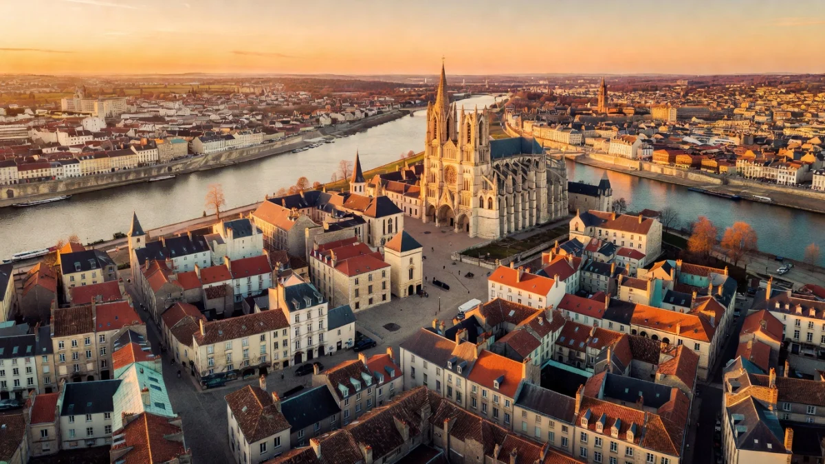 Vue aérienne d'Orléans avec la Loire et la cathédrale Sainte-Croix