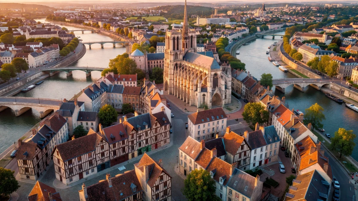 Vue aérienne de Rouen avec la Seine et la cathédrale Notre-Dame