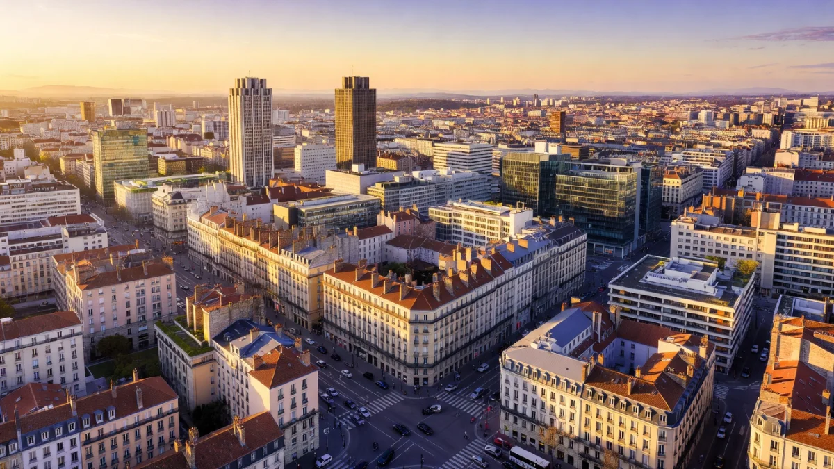 Vue aérienne de Villeurbanne et de son quartier des Gratte-Ciel, ville du Rhône avec le code postal 69100