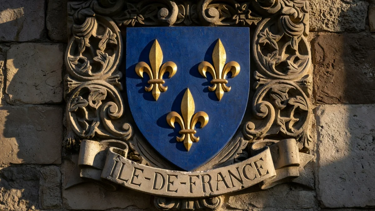 Drapeau et emblème officiel de la région Île-de-France, étoile à huit branches rouge-orangé sur fond blanc