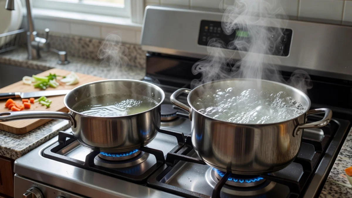 Casserole sur le feu illustrant la différence entre mijoter et bouillir