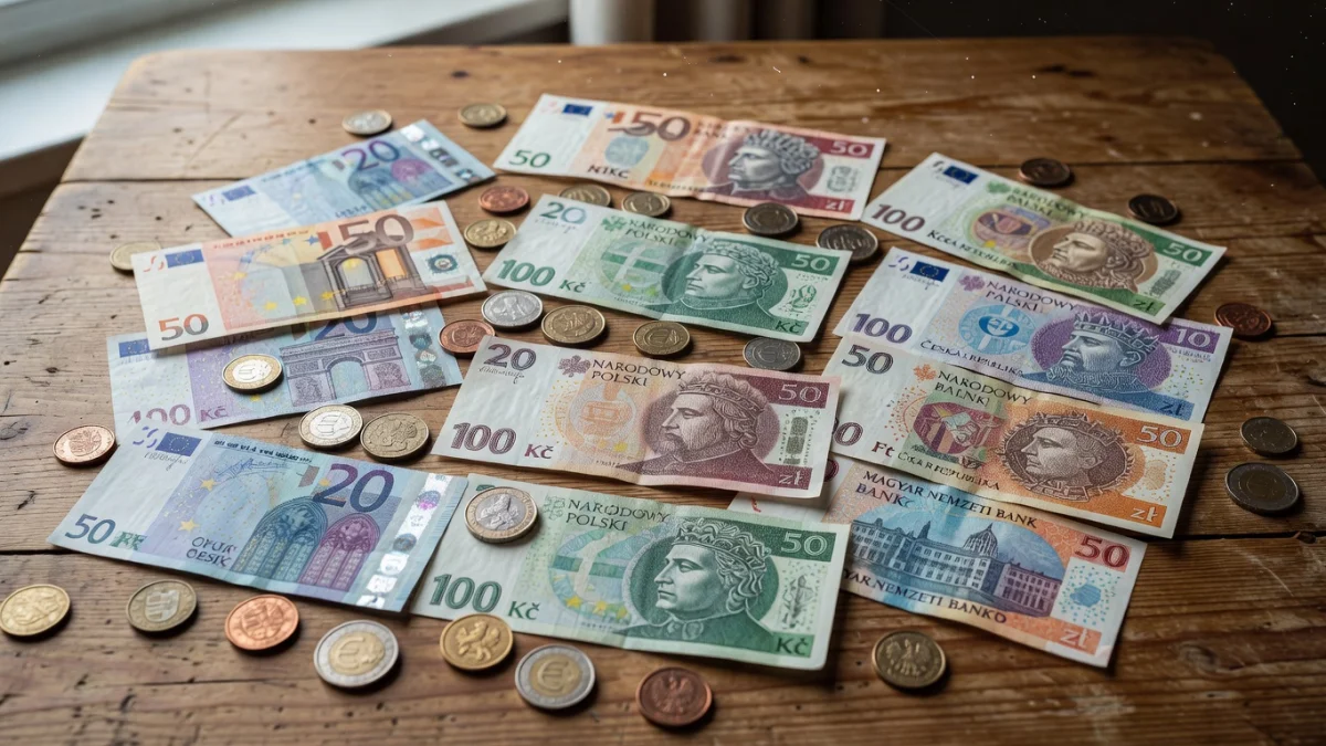 Billets et pièces en euros avec les drapeaux des pays européens