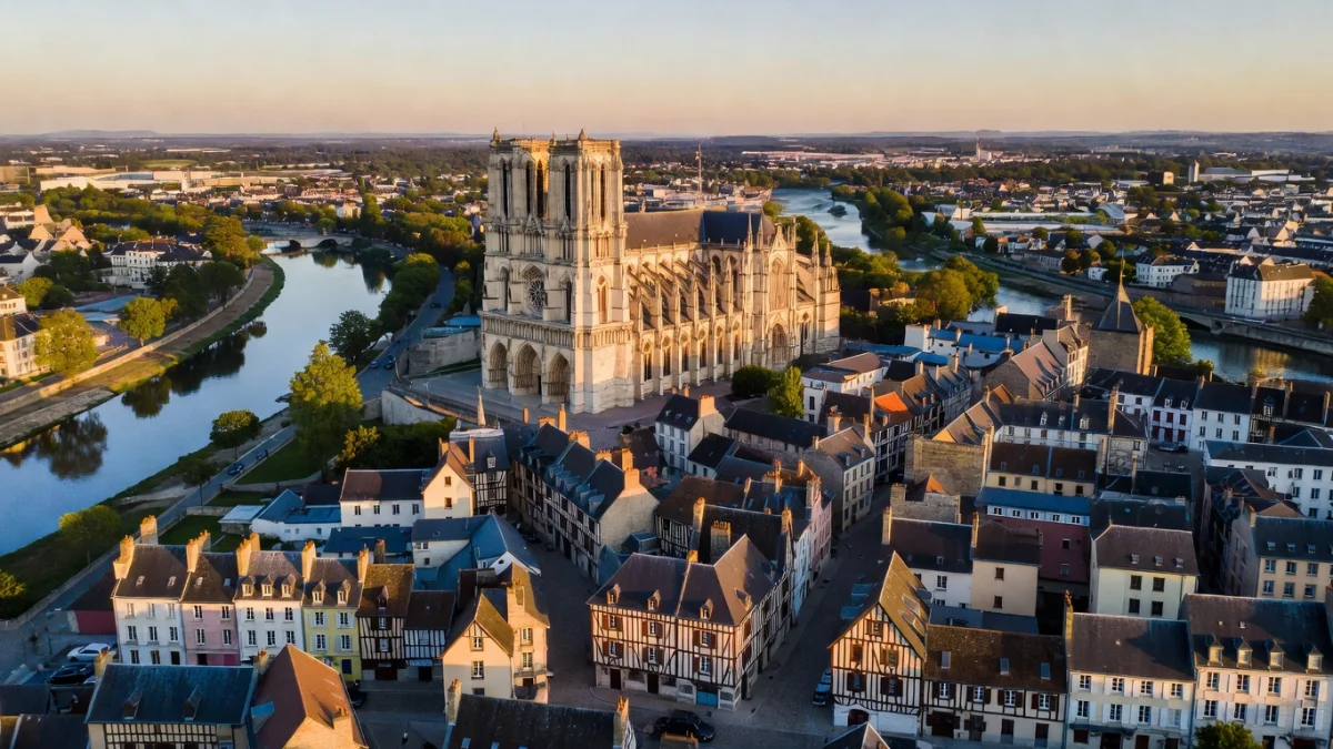Vue aérienne d'Amiens avec la cathédrale Notre-Dame et les quartiers de la ville