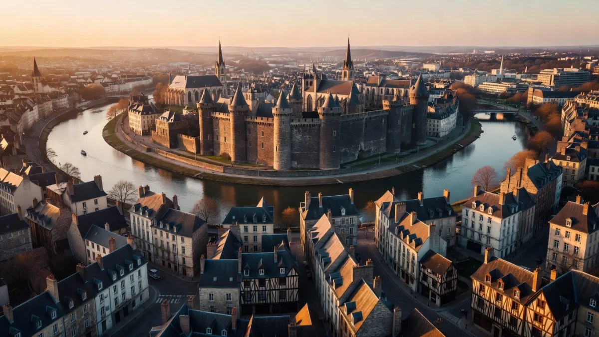 Vue aérienne d'Angers avec le château et la Maine, ville correspondant aux codes postaux 49000 et 49100