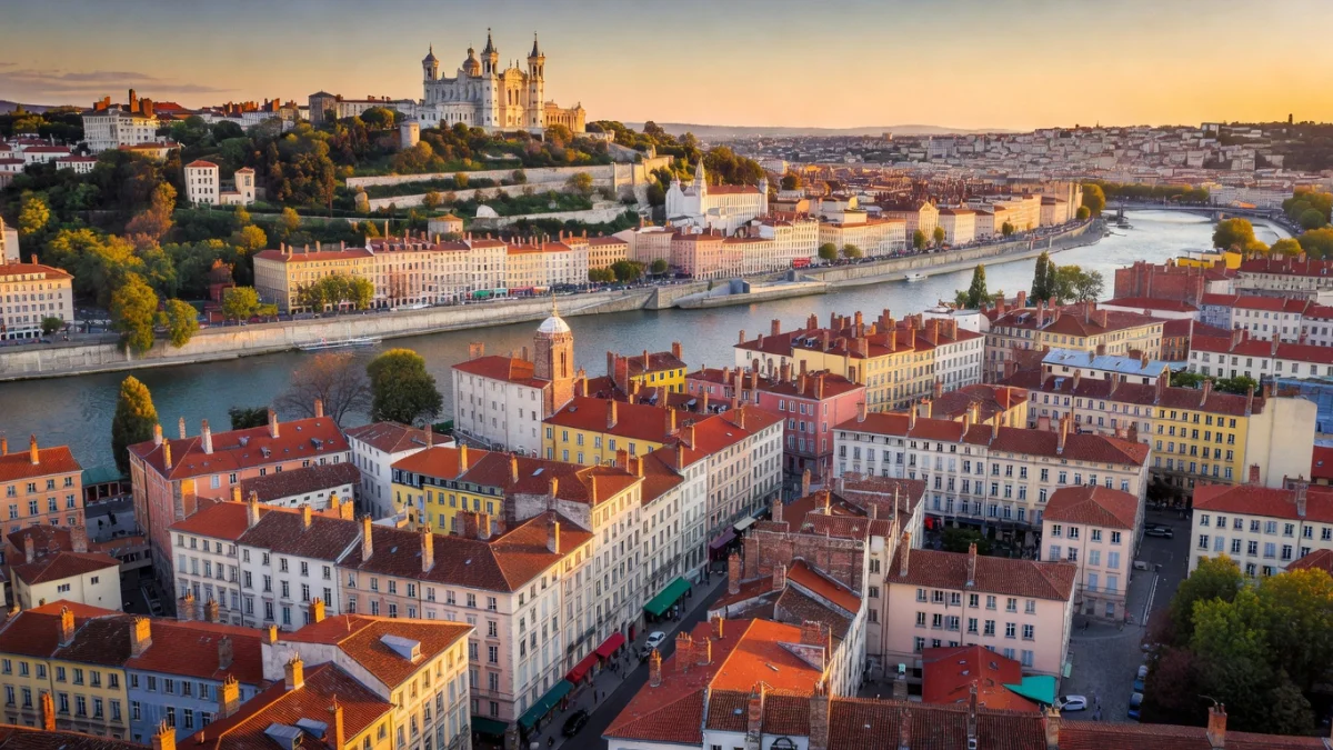 Vue aérienne de Lyon avec le Rhône et la Saône, troisième ville de France
