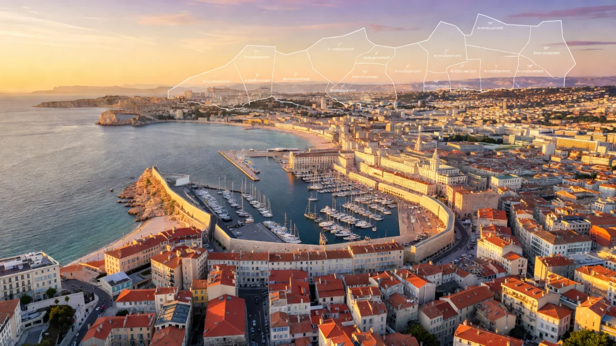 Vue aérienne du Vieux-Port de Marseille avec ses bâtiments colorés et la mer Méditerranée en arrière-plan