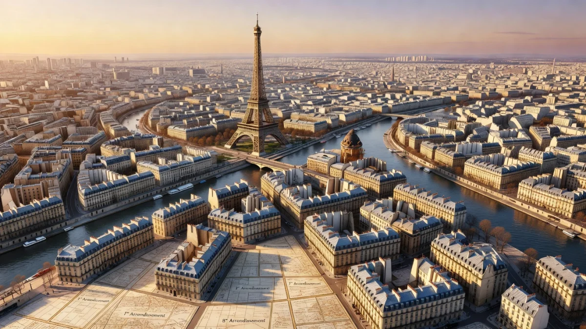 Vue aérienne de Paris avec la Tour Eiffel et les arrondissements parisiens