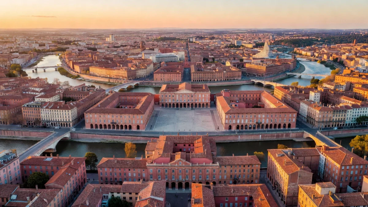 Vue aérienne de Toulouse, la ville rose, avec la Garonne et la Basilique Saint-Sernin