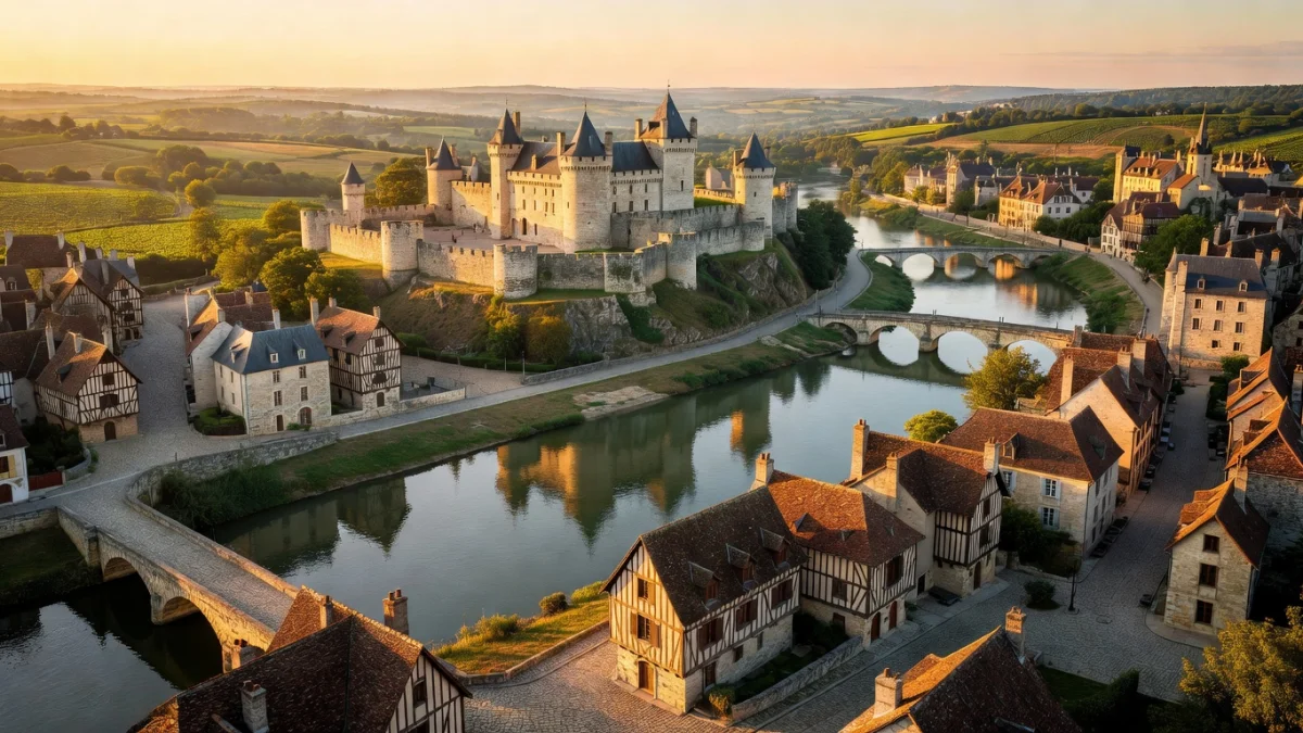 Vue aérienne de la Loire traversant le Centre-Val de Loire avec ses villes et châteaux
