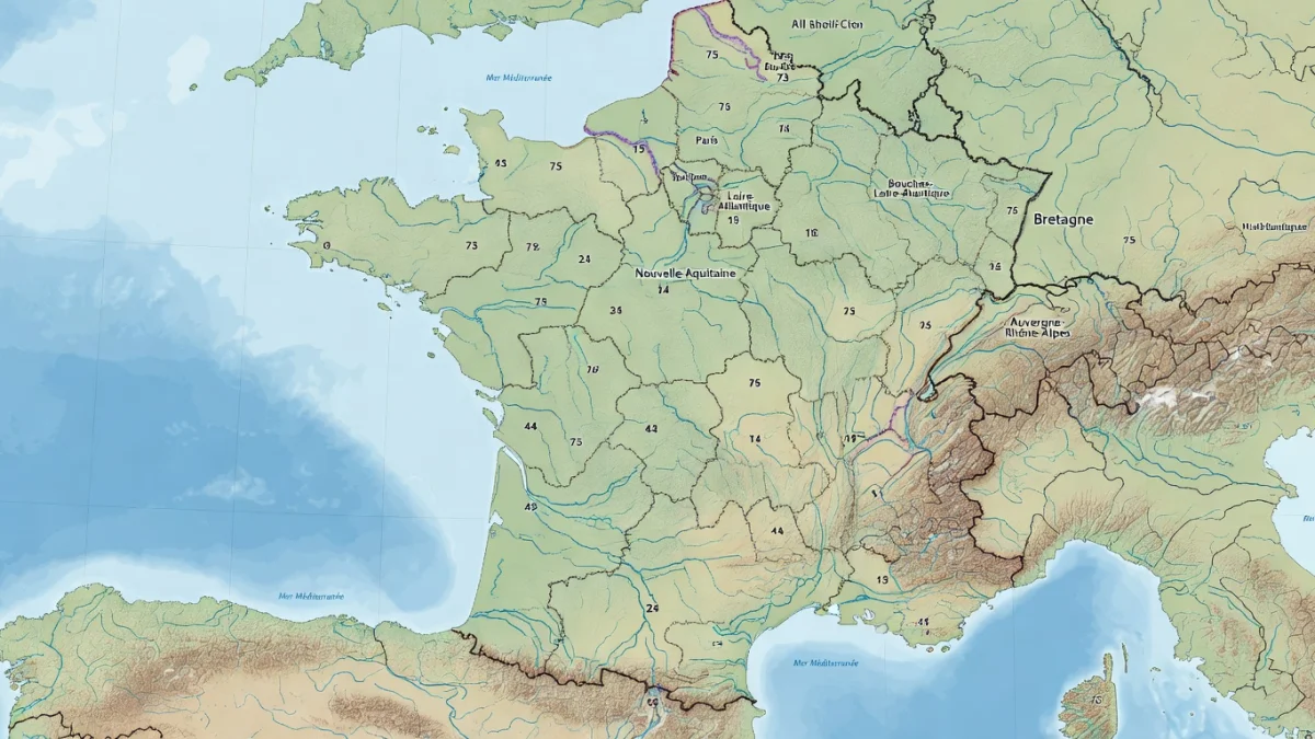 Carte des départements français avec leurs codes numérotés