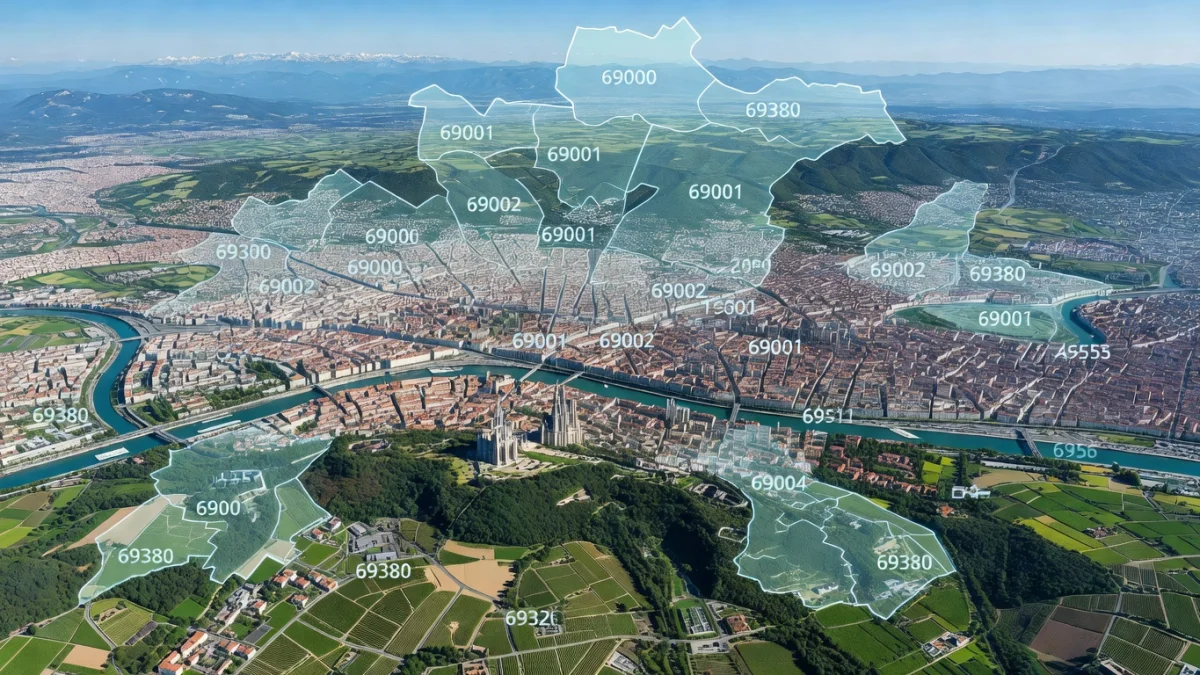 Carte du département du Rhône avec ses codes postaux et communes