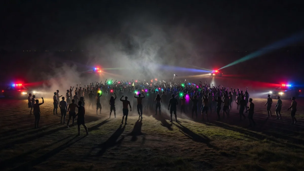 Foule lors d'une rave party nocturne en plein air, gyrophares et fumée, ambiance festive illégale