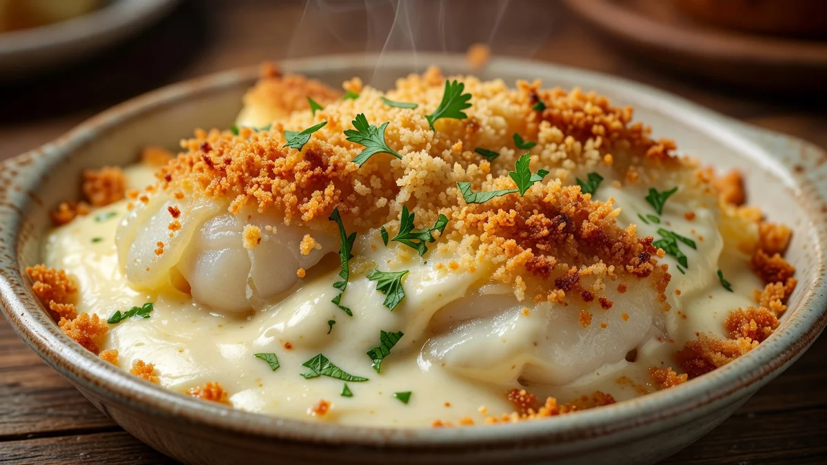 Gratin de poisson doré au fromage avec champignons