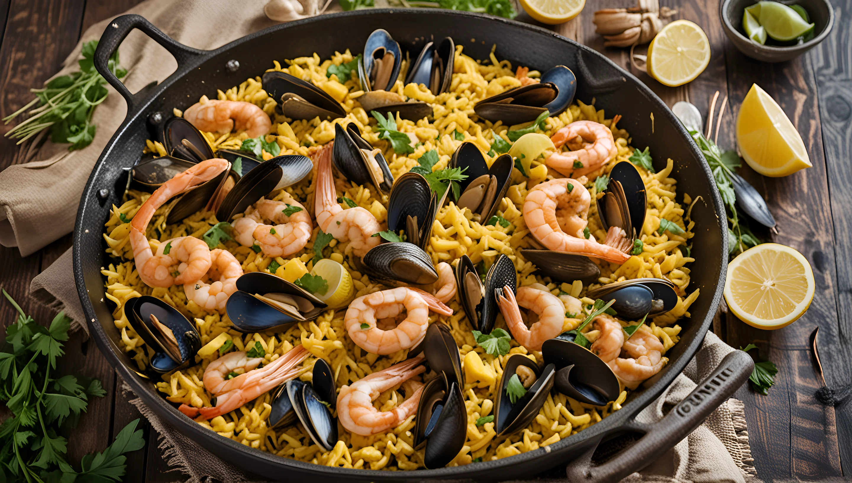 Paella maison colorée avec fruits de mer et légumes