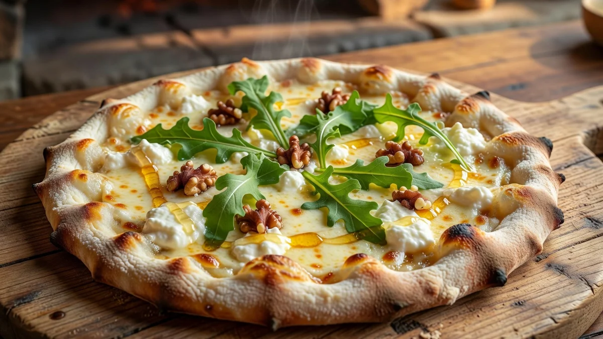 Pizza chèvre miel garnie de roquette