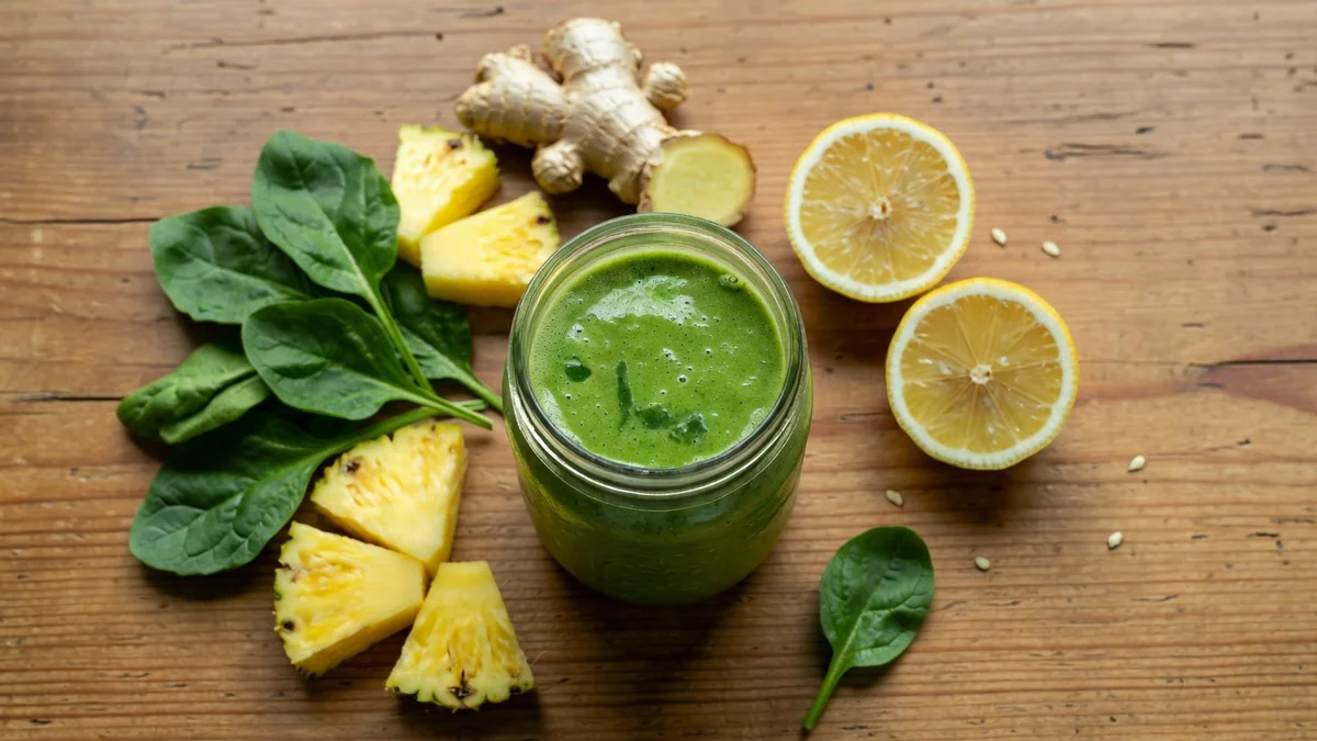 Smoothie détox vert dans un verre, ingrédients autour