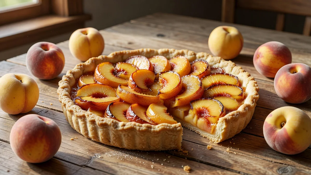 Tarte aux pêches dorée avec amandes effilées