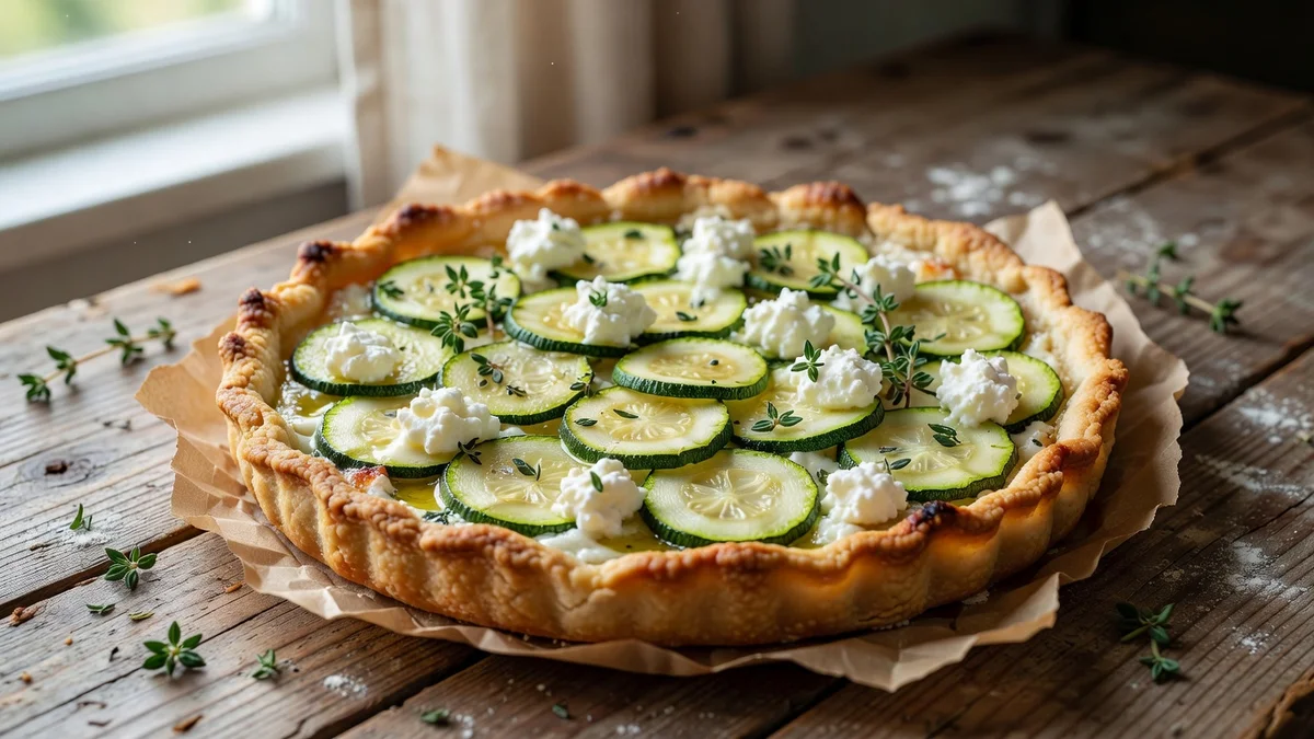 Tarte aux courgettes et fromage de chèvre prête à être servie