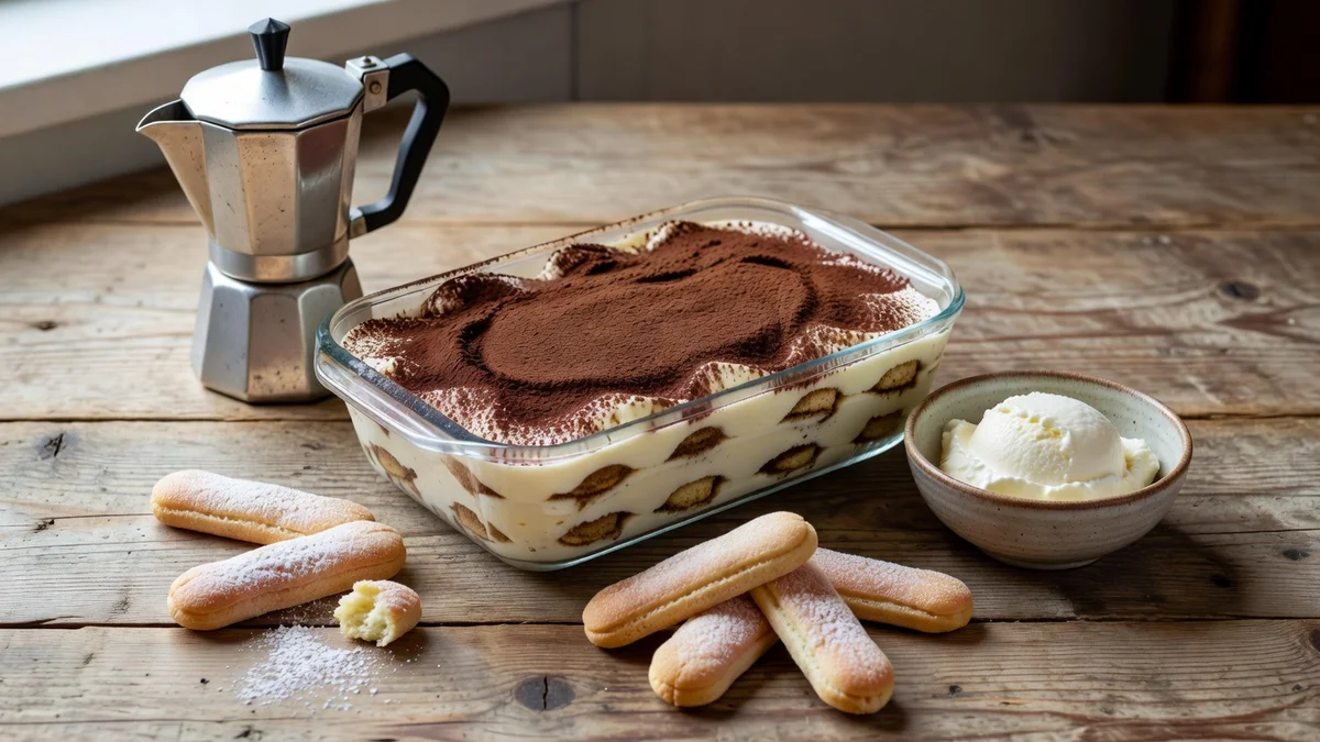 Tiramisu traditionnel dans un plat à gratin