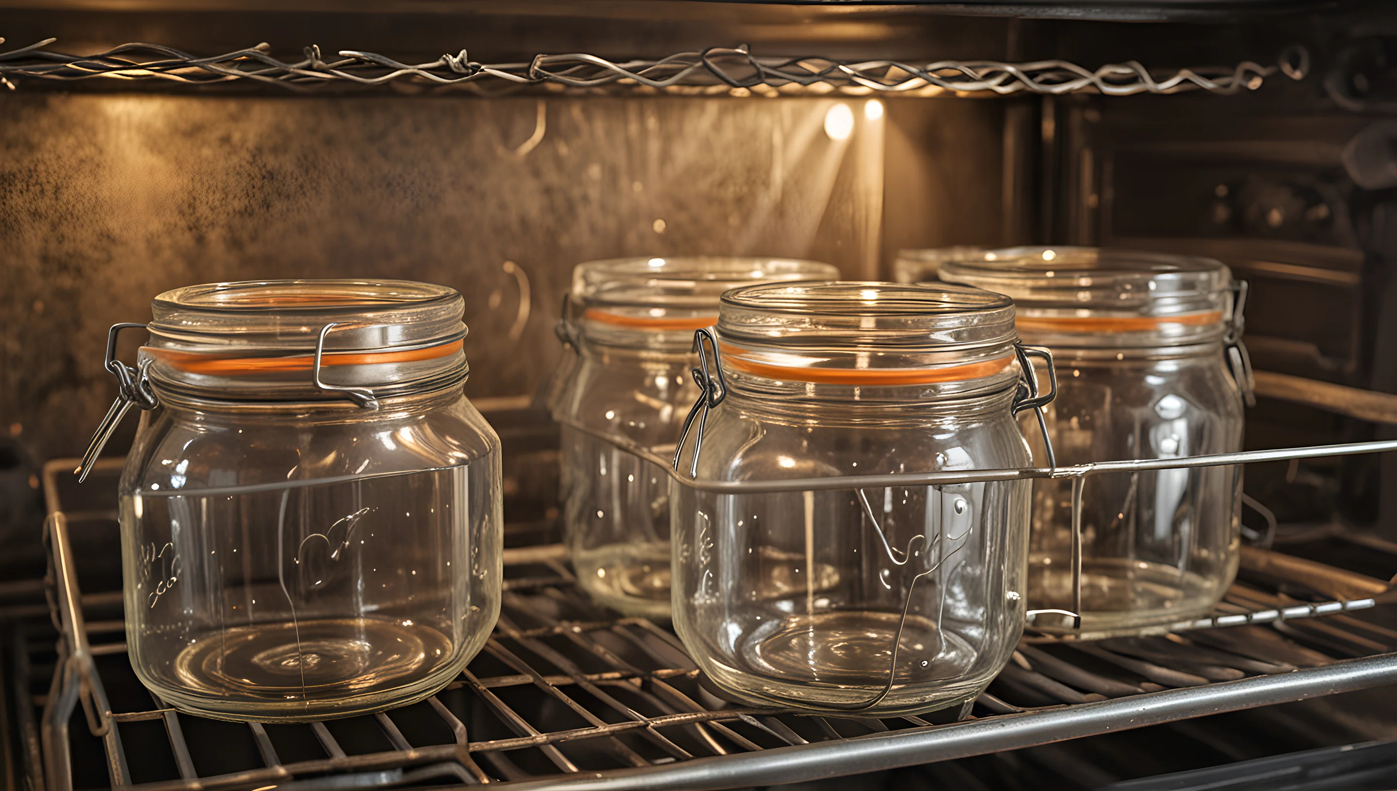 Bocaux en verre posés dans un four pour stérilisation