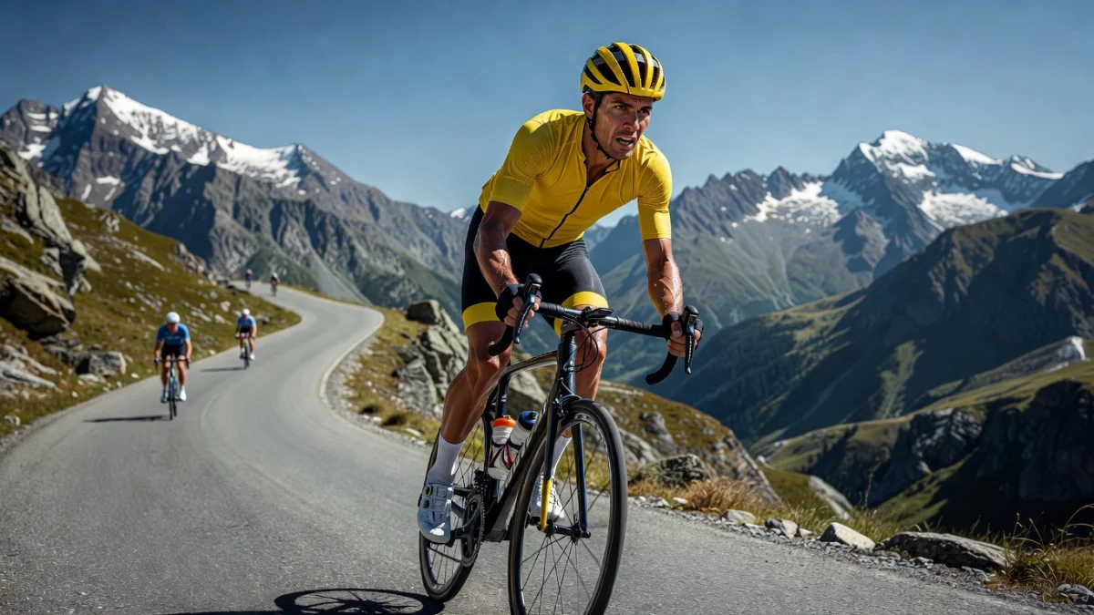 Tadej Pogačar en maillot jaune lors du Tour de France, bras levés au sommet d'un col