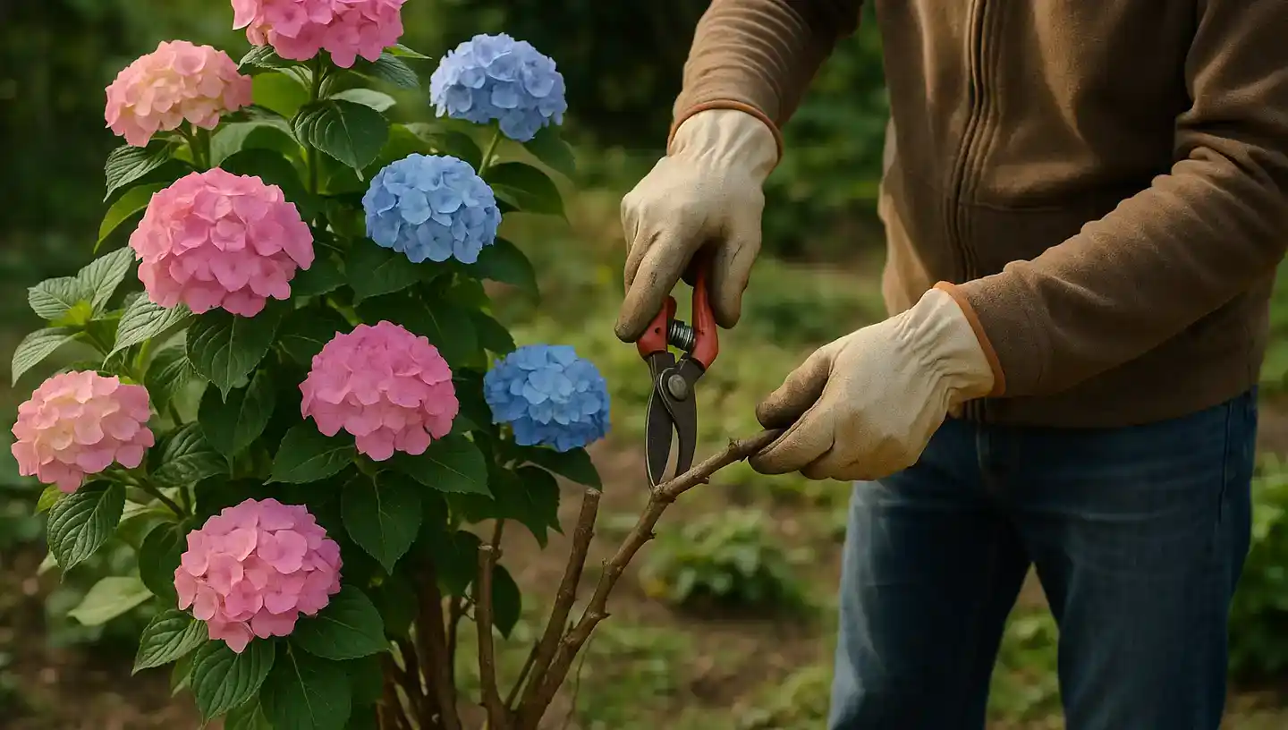 Hortensia en fleurs au jardin, préparation à la taille