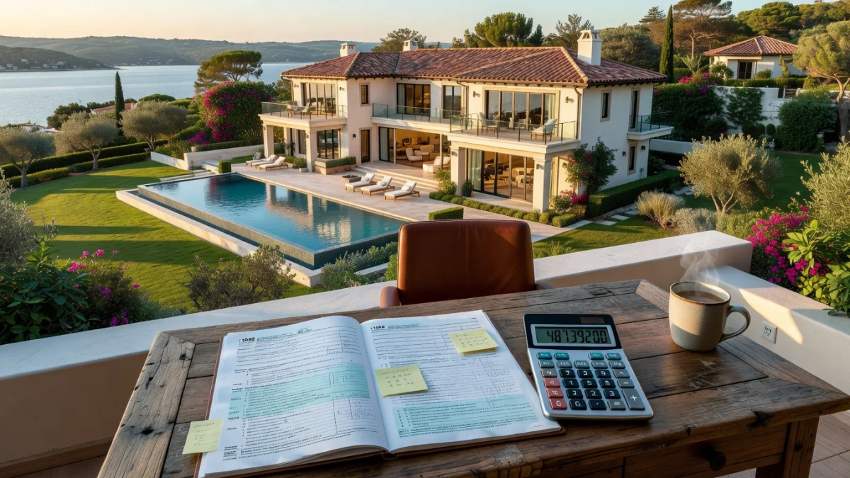Formulaire de taxe d'habitation posé sur une table avec une maison miniature et des clés