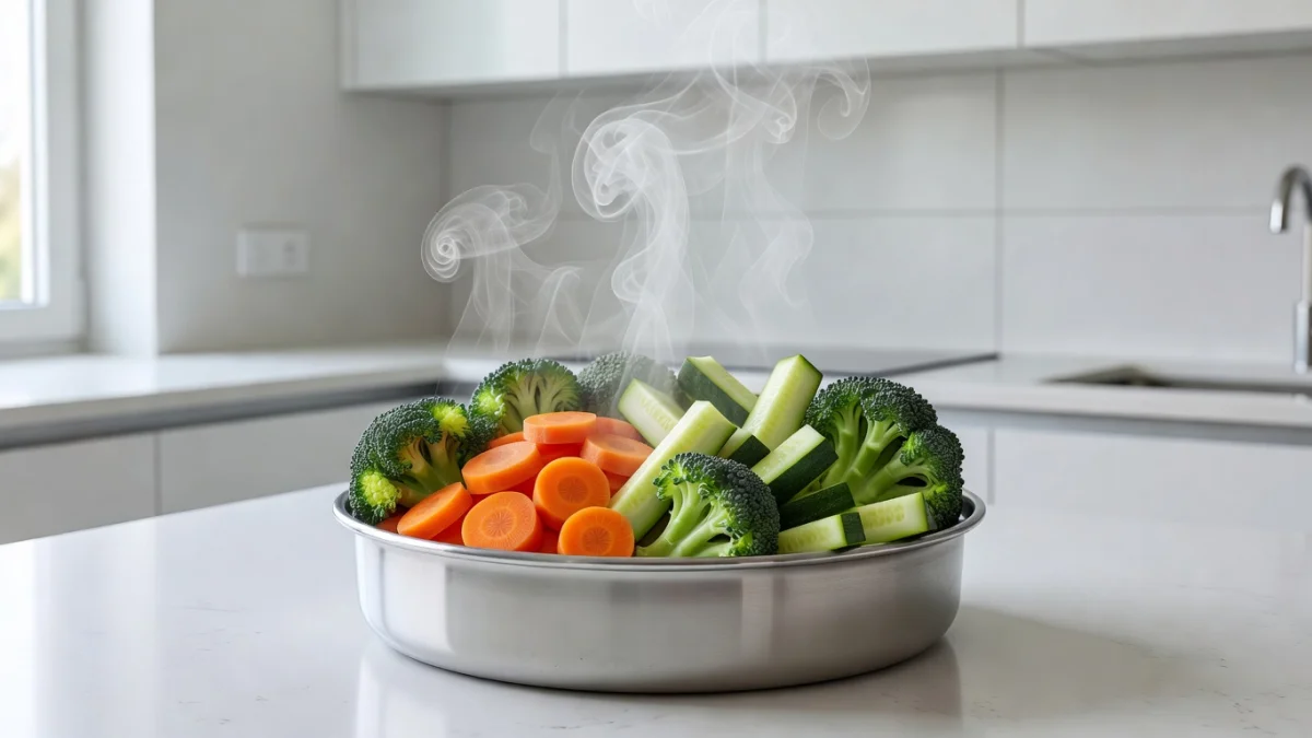 Légumes colorés disposés dans un panier vapeur en bambou au-dessus d'une casserole fumante