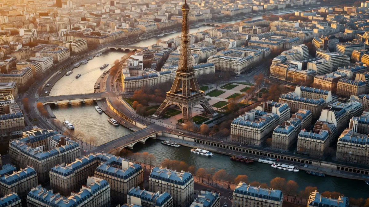 Vue aérienne de Paris avec ses arrondissements et la Seine