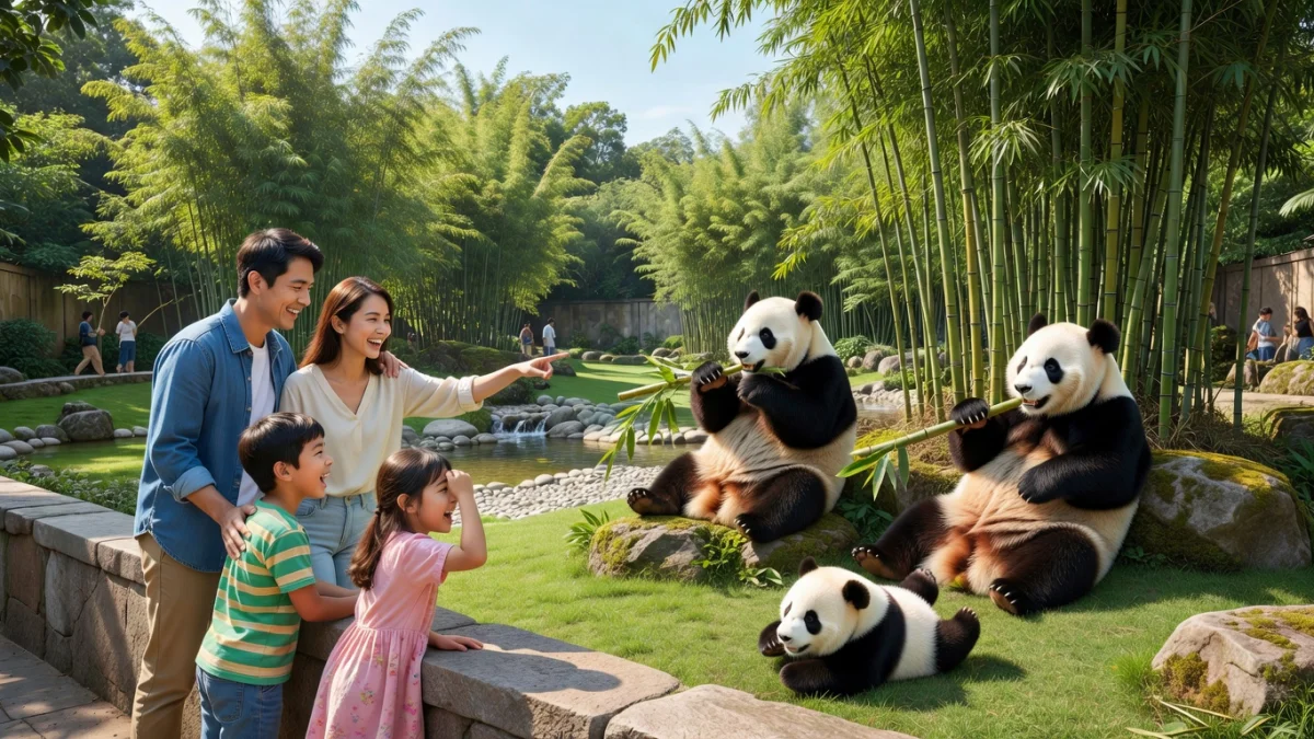 Vue panoramique du ZooParc de Beauval avec des familles se promenant devant les enclos des animaux
